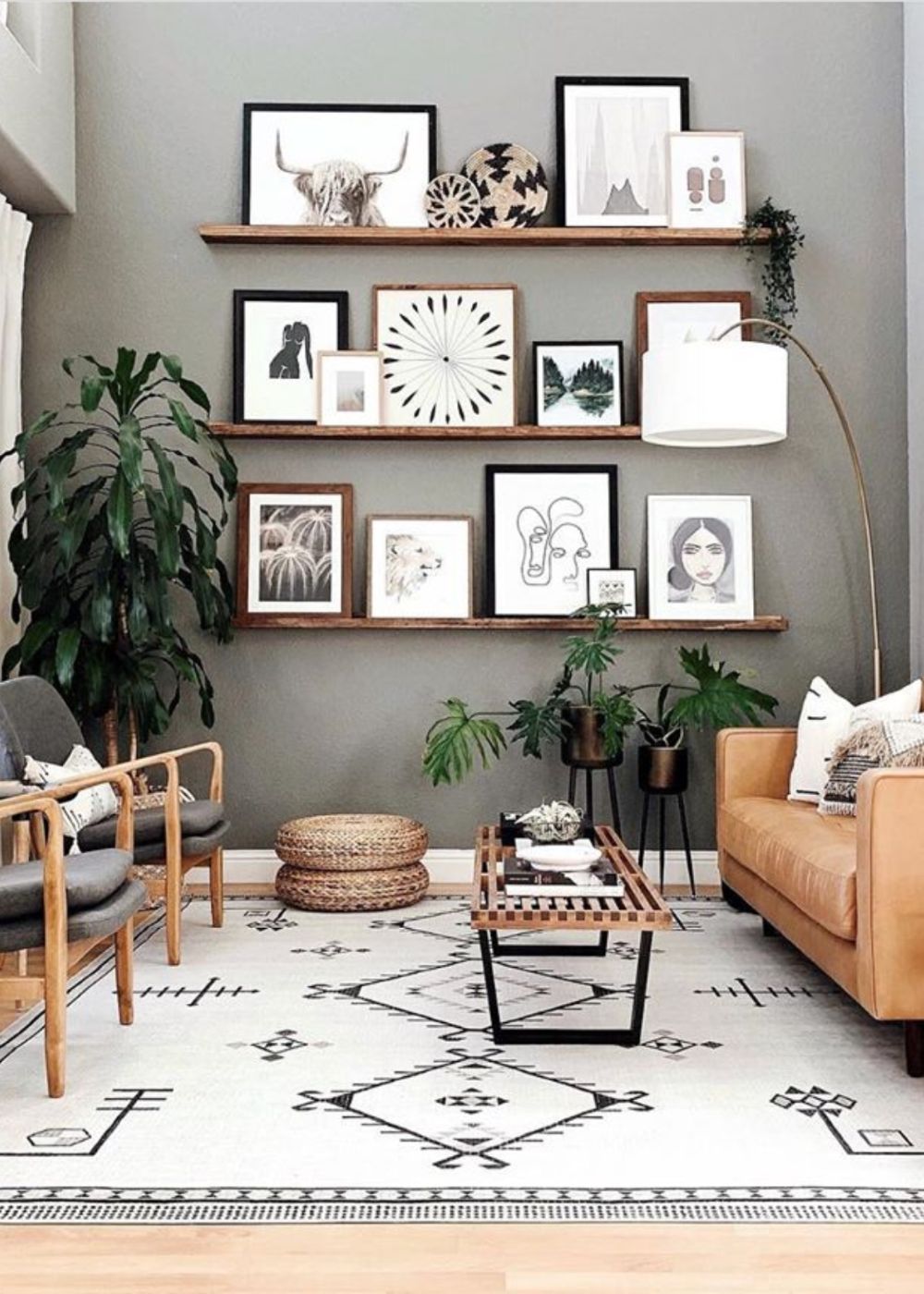 wall gallery on picture ledges. boho home design
