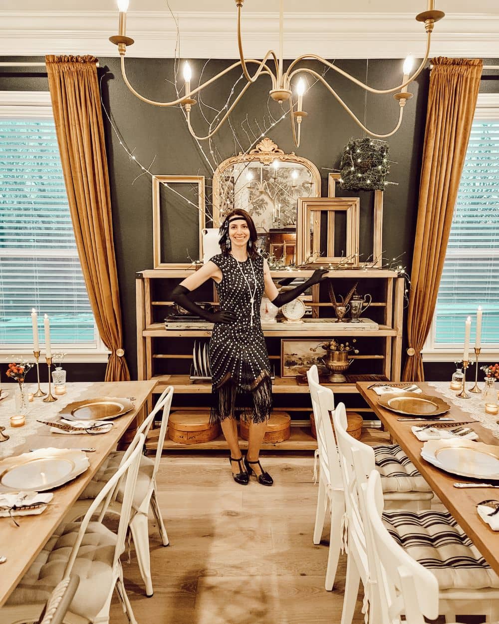 Amy dressed in a flapper dress and the 1920s Downton Abbey inspired dinner party