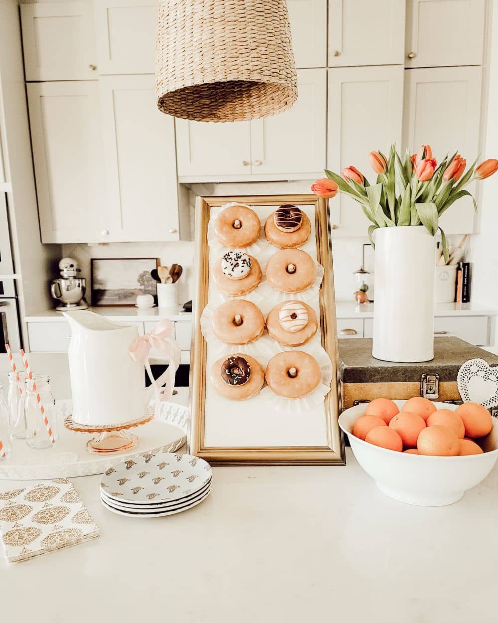 A completed donut board on display with breakfast goodies