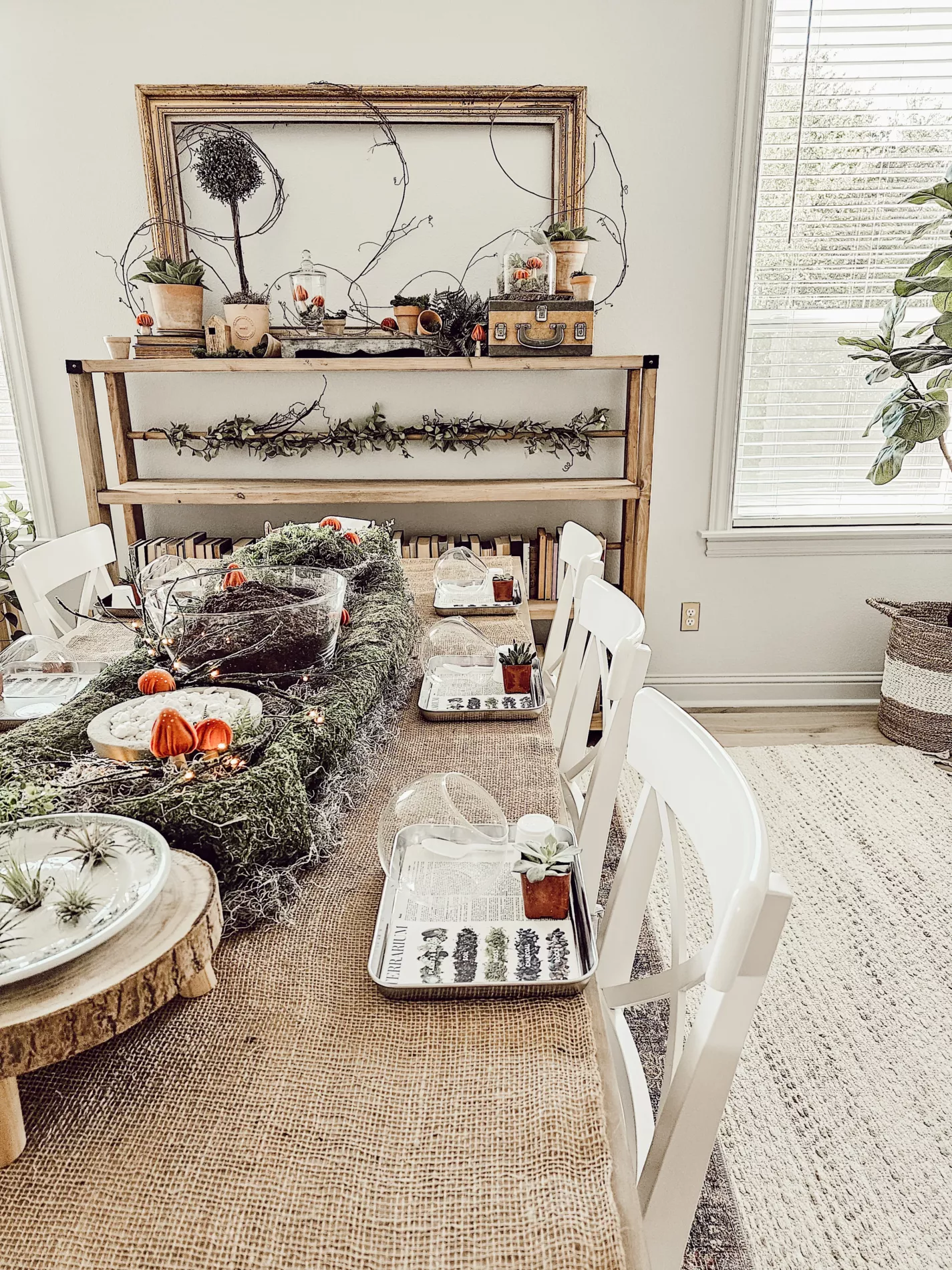 the DIY terrarium party space with the place settings ready