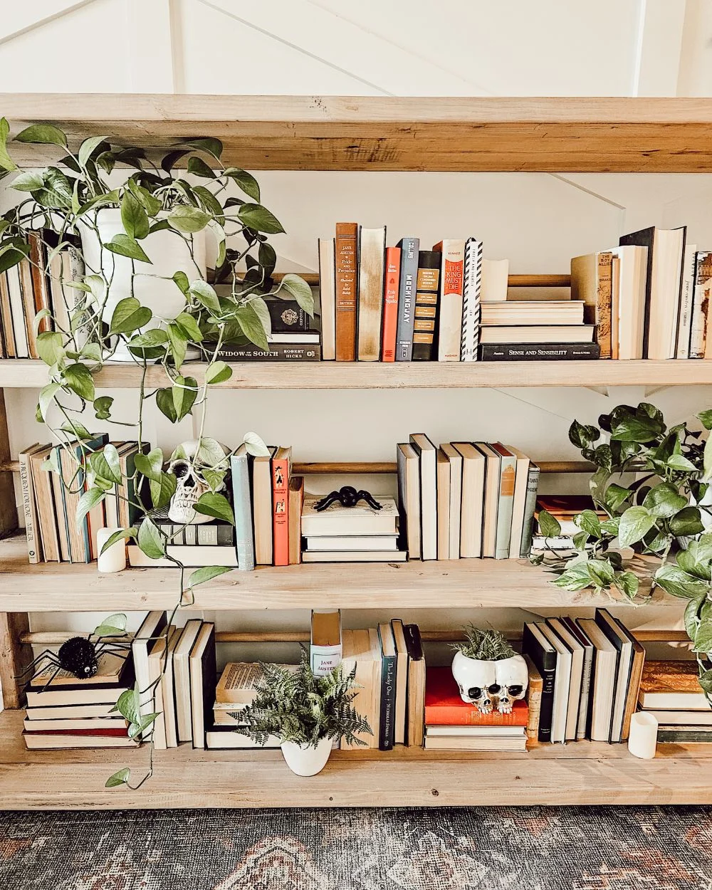 rolling cart in entryway with books, viney plants, spiders